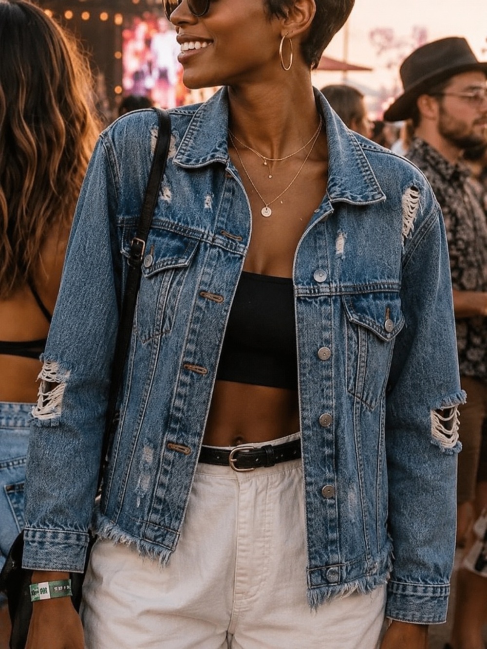 BlankNYC Distressed Denim Jacket | Cropped Raw Hem | Size Large